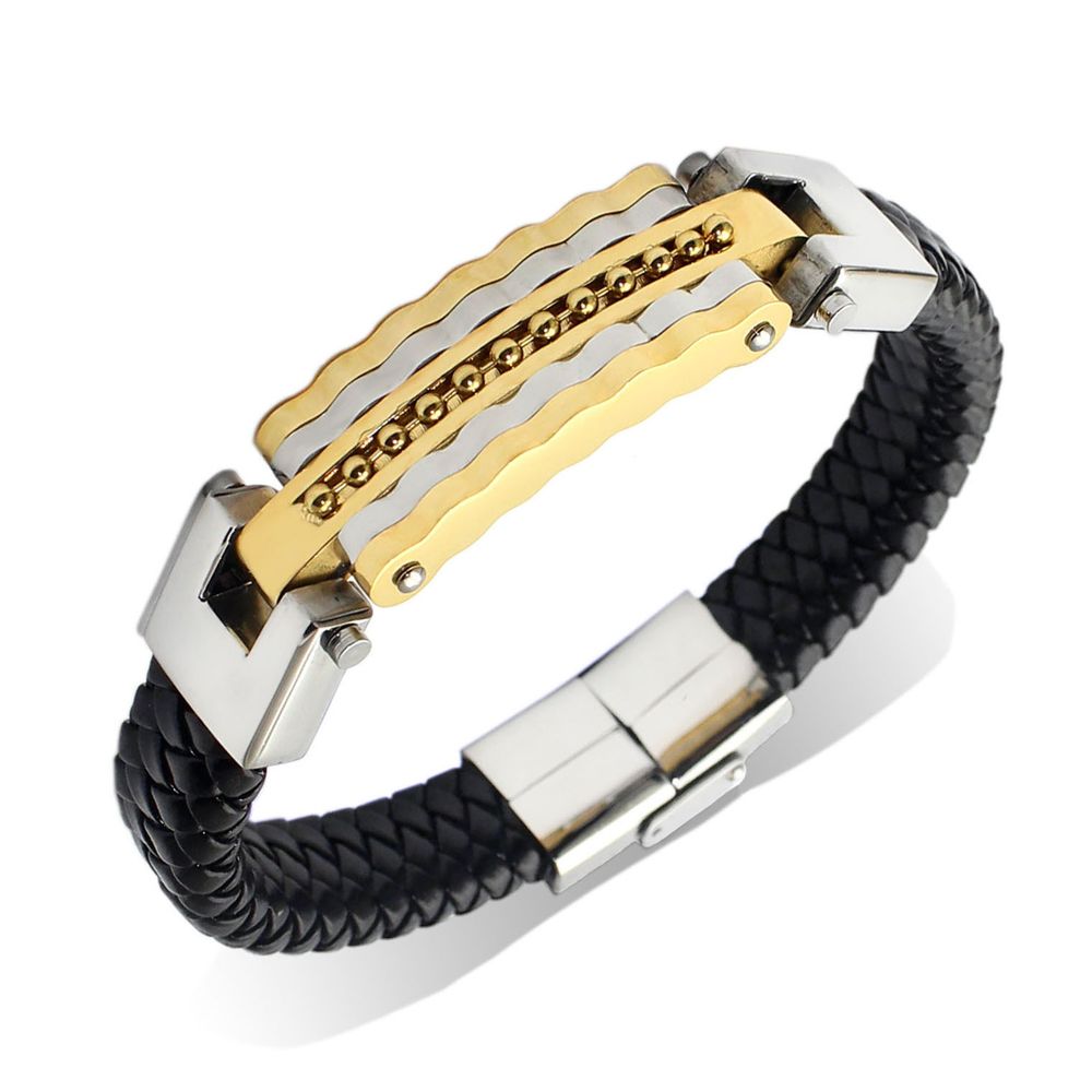 Männer Rock Punk Titanium Stahl Leder Geflecht Armband