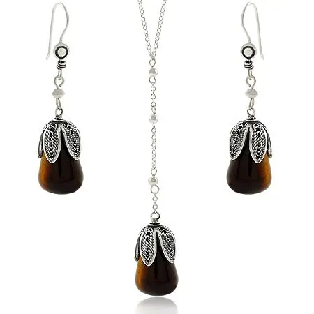 Sterling Silver Tiger Eye Dangle Ohrringe & Y-Halsband Schmuckset
