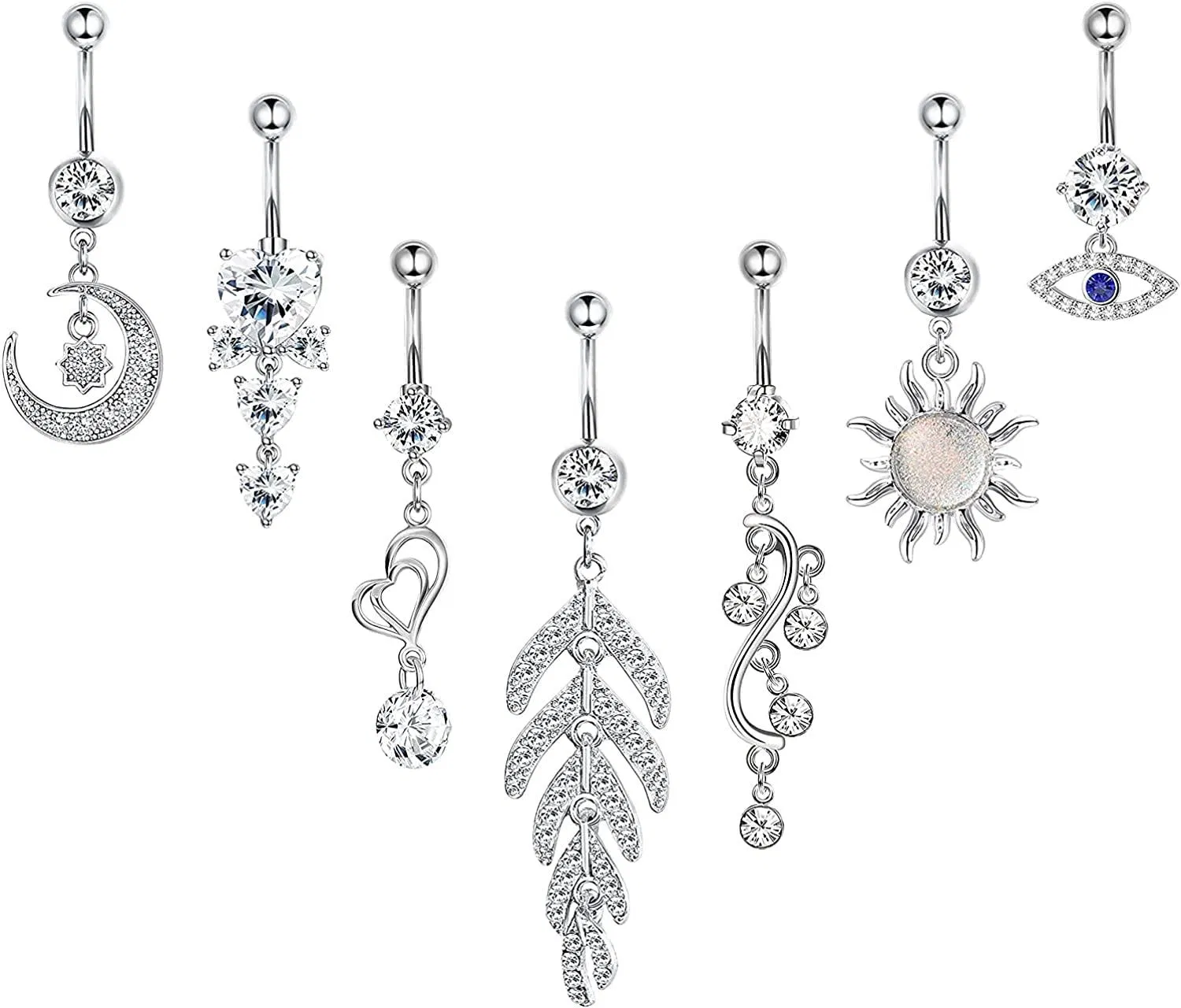 7pcs 14G Dangle Bauchknopfringe für Frauen gebogen Nabelring CZ Körper Piercing 316L Edelstahl Bauchknopfringe Dangle Set
