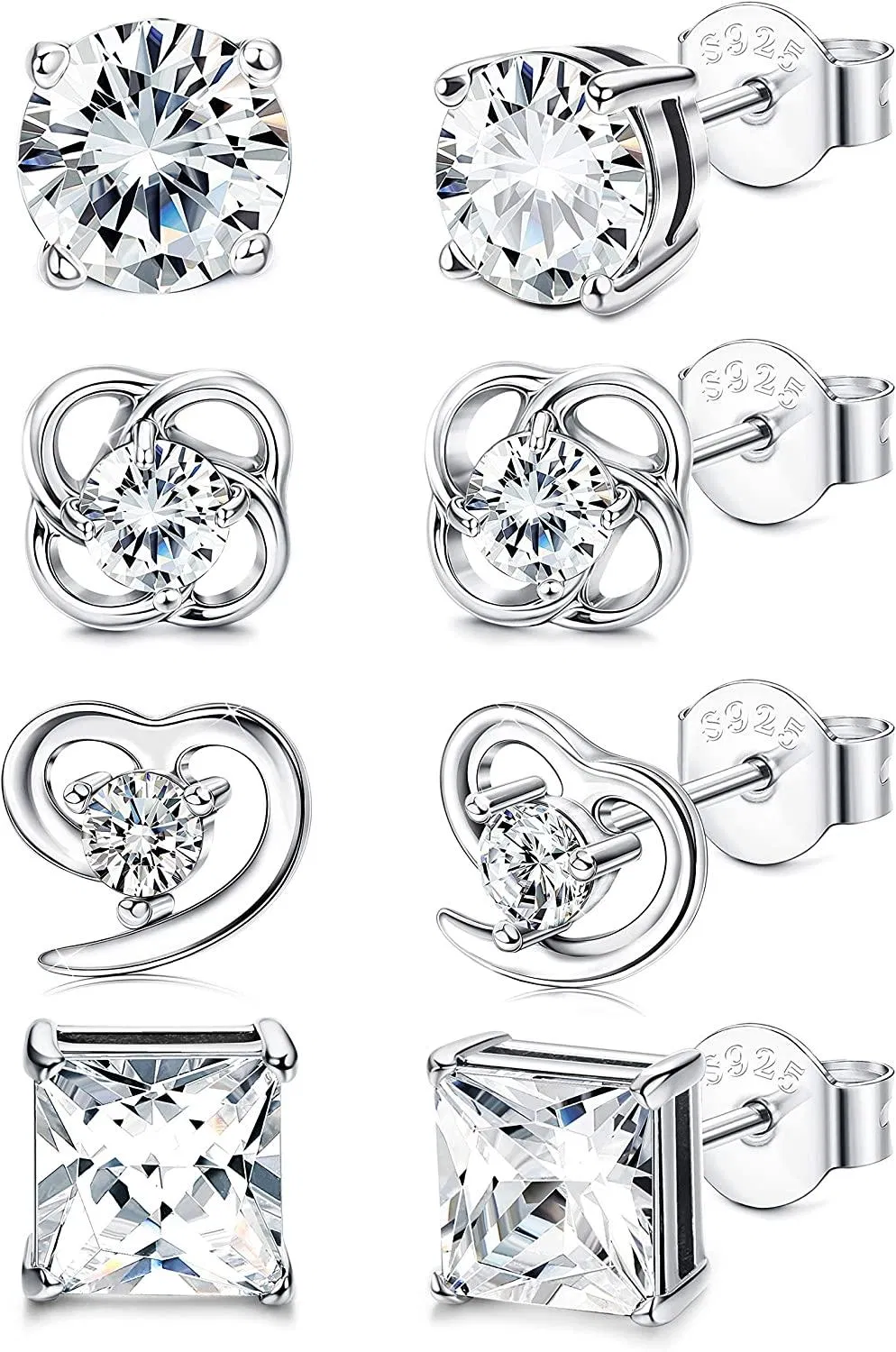 4 Paare Cubic Zirkonia Stud Ohrringe Set für Frauen rundes Herz kleine CZ Ohrringe