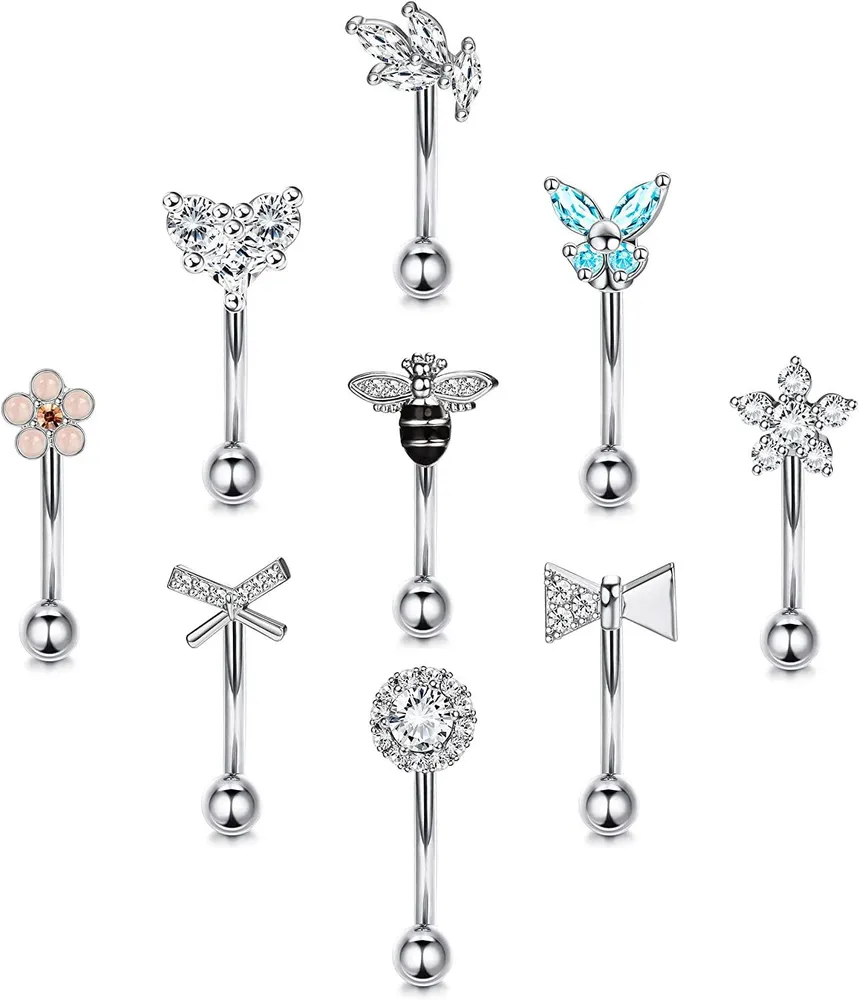 9pcs Augenbrauen Piercing Rook Daith Ohrringe Augenbrauenringe für Frauen 16G gebogen Barbell Tragus Rook Piercing Eye Brow Ring 8mm Augenbrauen