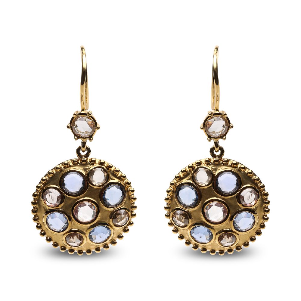 18 Karat Gelbgold 1 2/3 Cttw Diamant und Blau Saphir Lünette Set Edelstein Cluster Medaillon Dangle Ohrringe (Braun und G-H Farbe, SI1 - SI2 Klarheit)