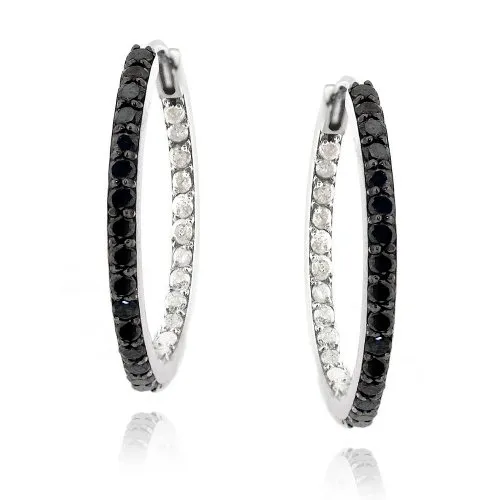 Sterling Silber 1ct Schwarz & Weiß Diamond Hoop Ohrringe