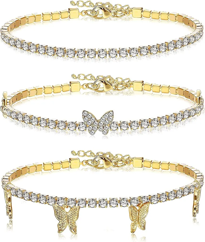 3PCS Knöchel Armbänder für Frauen Teen Girls CZ Butterfly Link Knöchelketten Armband verstellbare geschichtete Ankleine Set Fuß Strand Schmuck