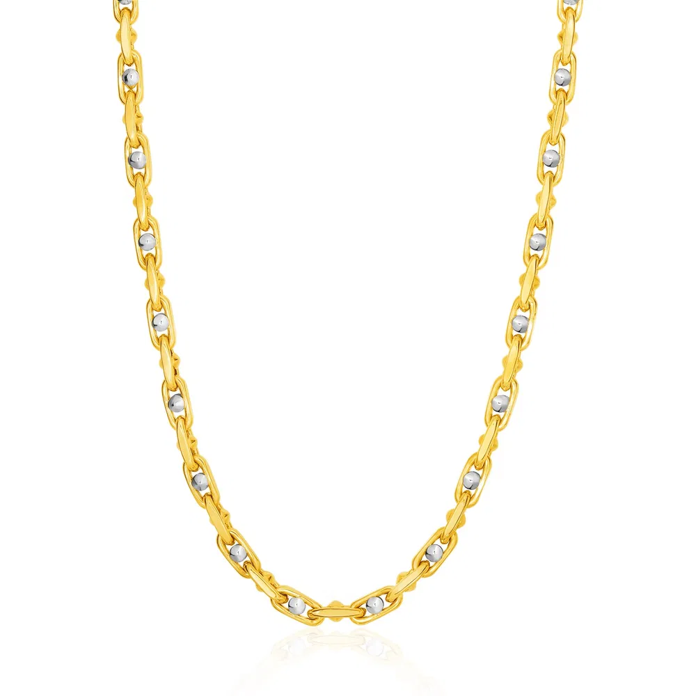 14 Karat Zwei-Ton Gelb und Weiß Gold Link Herren Halskette mit Perlen