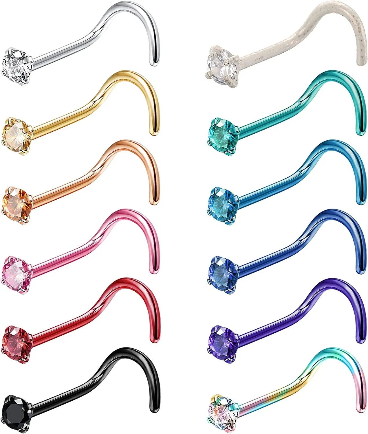MIRO 12PCs 20G Nasenring Chirurgischer Stahlmischfarbe Diamant CZ Nasen-Stapf Ringe L-förmige Schraube Post Nasen-Stapf Nasen Piercing Schmuck