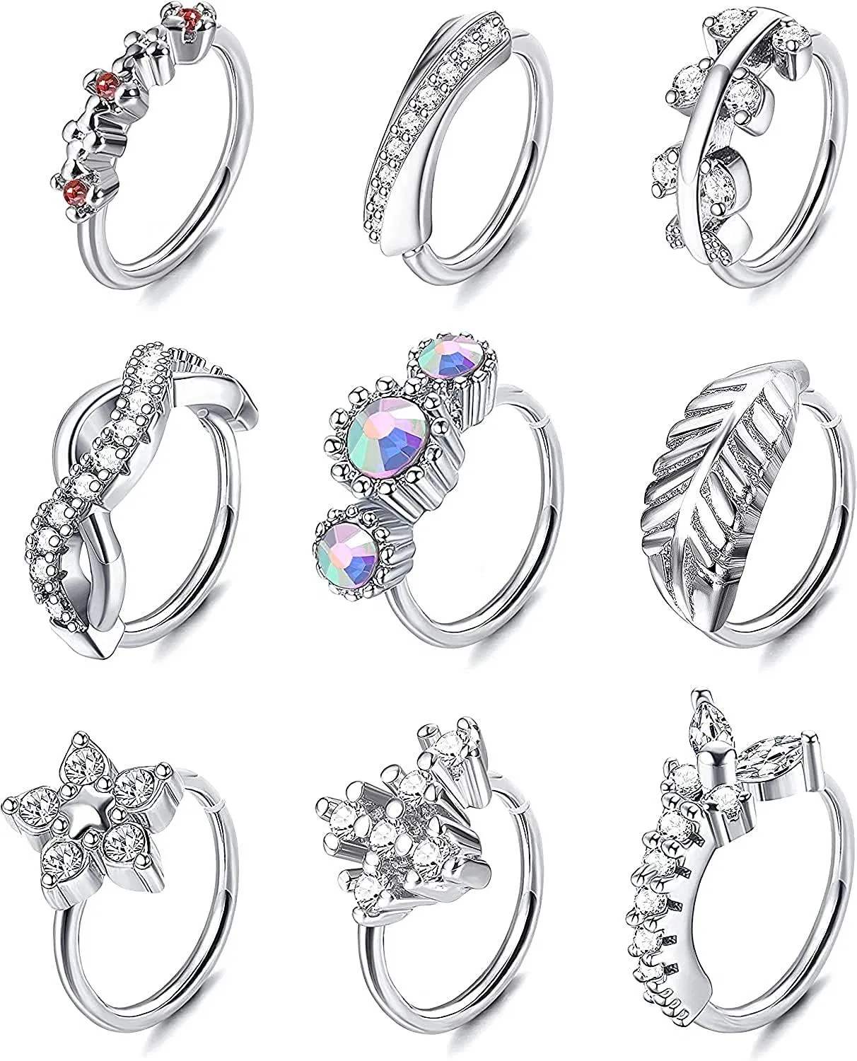 9 PCS 20G Nasenringe Schleife Edelsteinpflastert CZ Helix Knorpel Ohrring Crawler Hoop Ohrringe Blattblumen Lippen Nase Piercing Nasen Hoop Nasenringe für Frauen