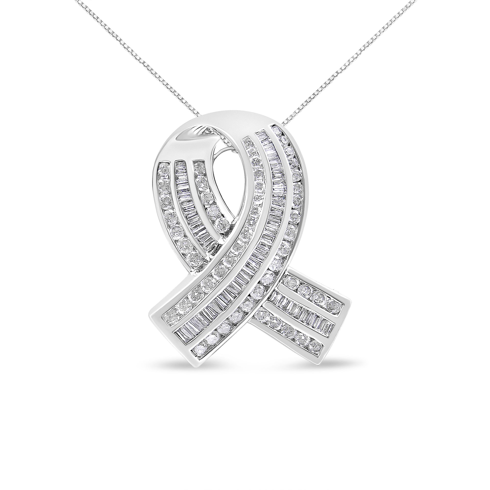 14K Weißgold 2 5 / 8 Cttw Kanal Set Round and Baguette Diamond Awareness Ribbon Pendant (H-I Farbe, I1 - I2 Klarheit) - Kette nicht enthalten