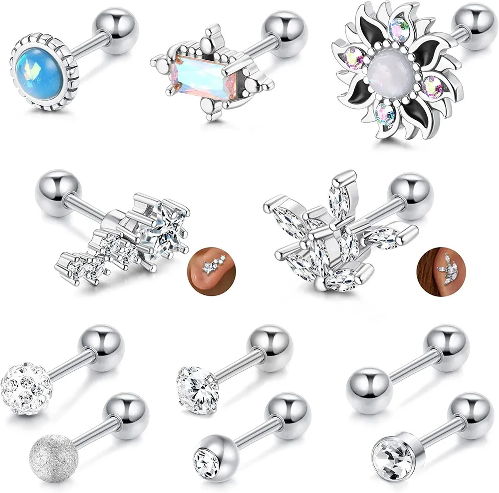 11pcs 16G Edelknorpel-Stapel - Ohrringe CZ Opal-Rhinstein - Muschel-Forward - Helix-Tragus - Daith-Piercing - Set für Frauen