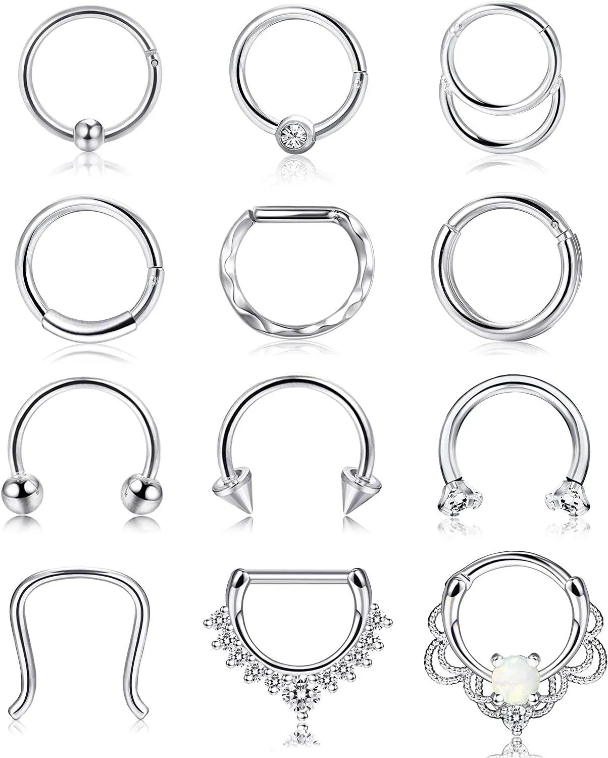 12Pcs 16G Chirurgie-Stahl Septum Nase Hoop Ringe für Frauen Silber CZ Faux Lippe Ohr Nase Nicht-Pierced Clip auf Knorpel Daith Tragus Clicker Retainer Body Piercing Schmuck