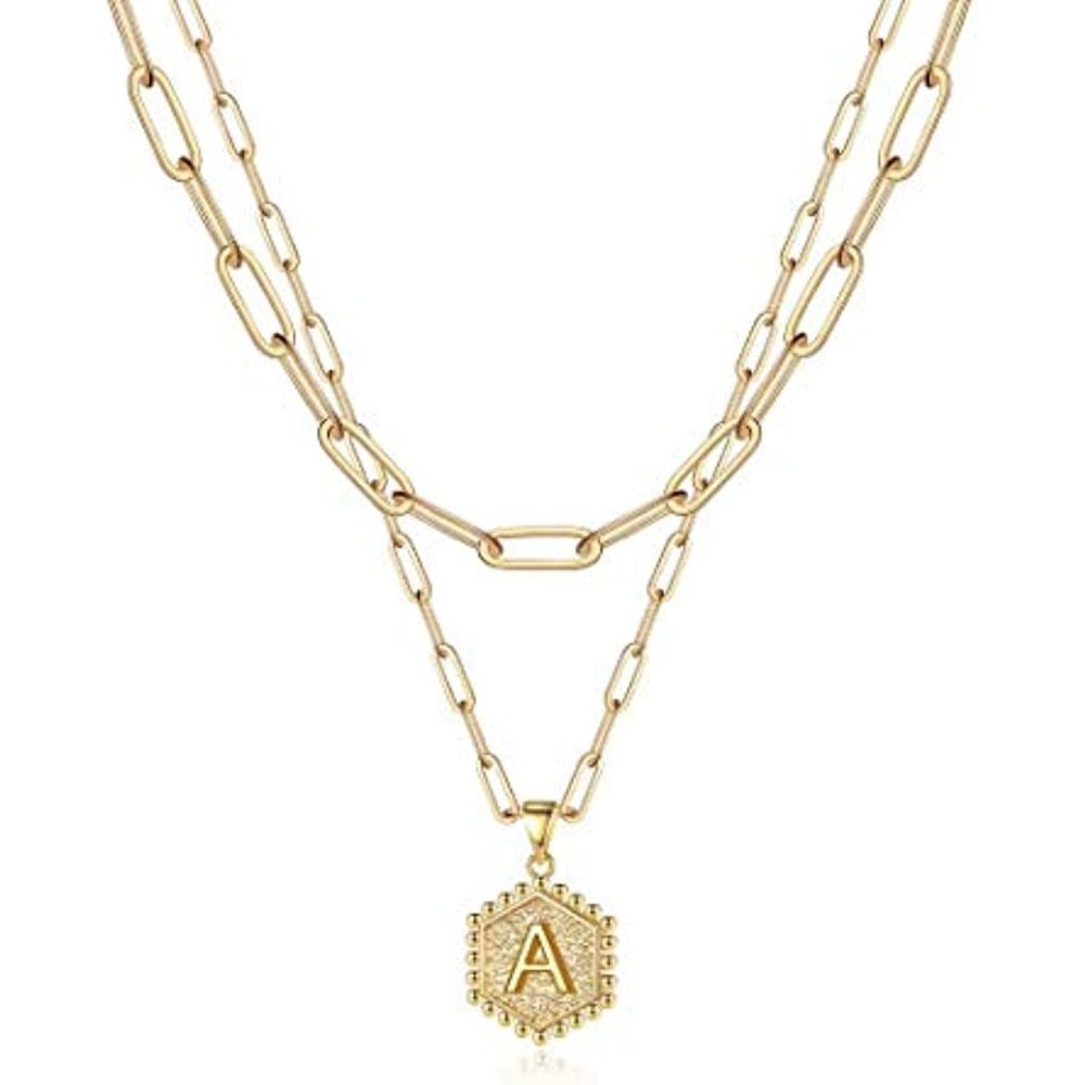 Dainty Layered Initial Halskette für Frauen, 14K Gold Plated Paperclip Chain Kette Einfache süße Sechseck Brief Anhänger Initial Choker Kette Gold Layered Halskette für Frauen