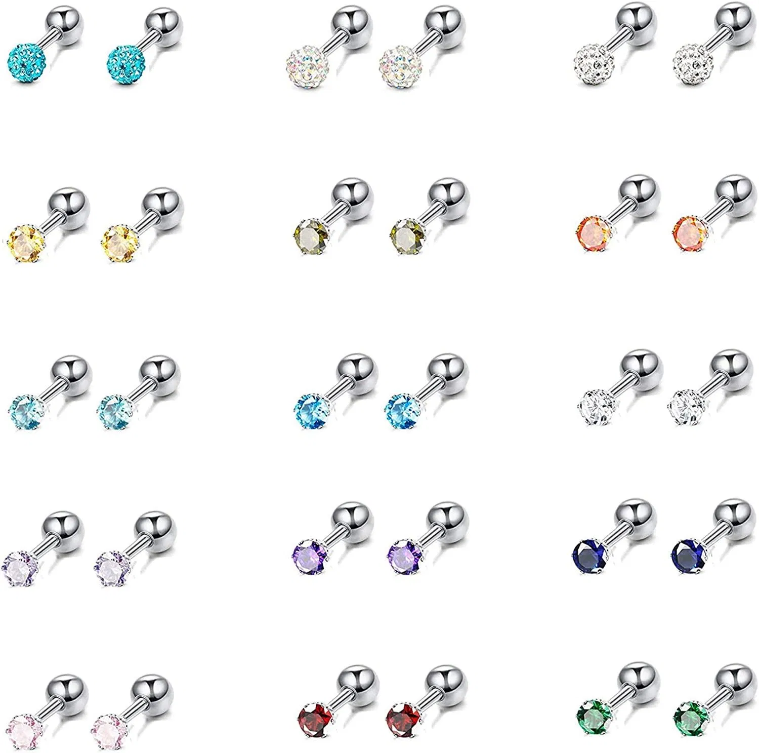 15 Paare Stud Ohrringe für Frauen Mädchen Helix Knorpel Ohrringe Edelstahl Ohrringe CZ Ball Multicolor Glanz Cubic Zirkonia Stud Ohrringe Piercing Ohr-Stows Screwback Ohrringe Set