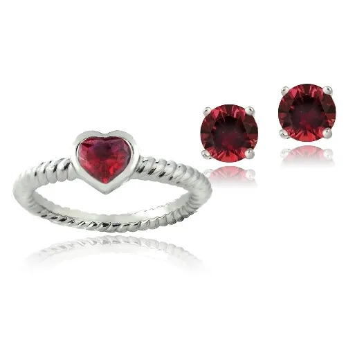 Silberton 1,75ct geschaffen Ruby Herz Ring & Stud Ohrringe Set
