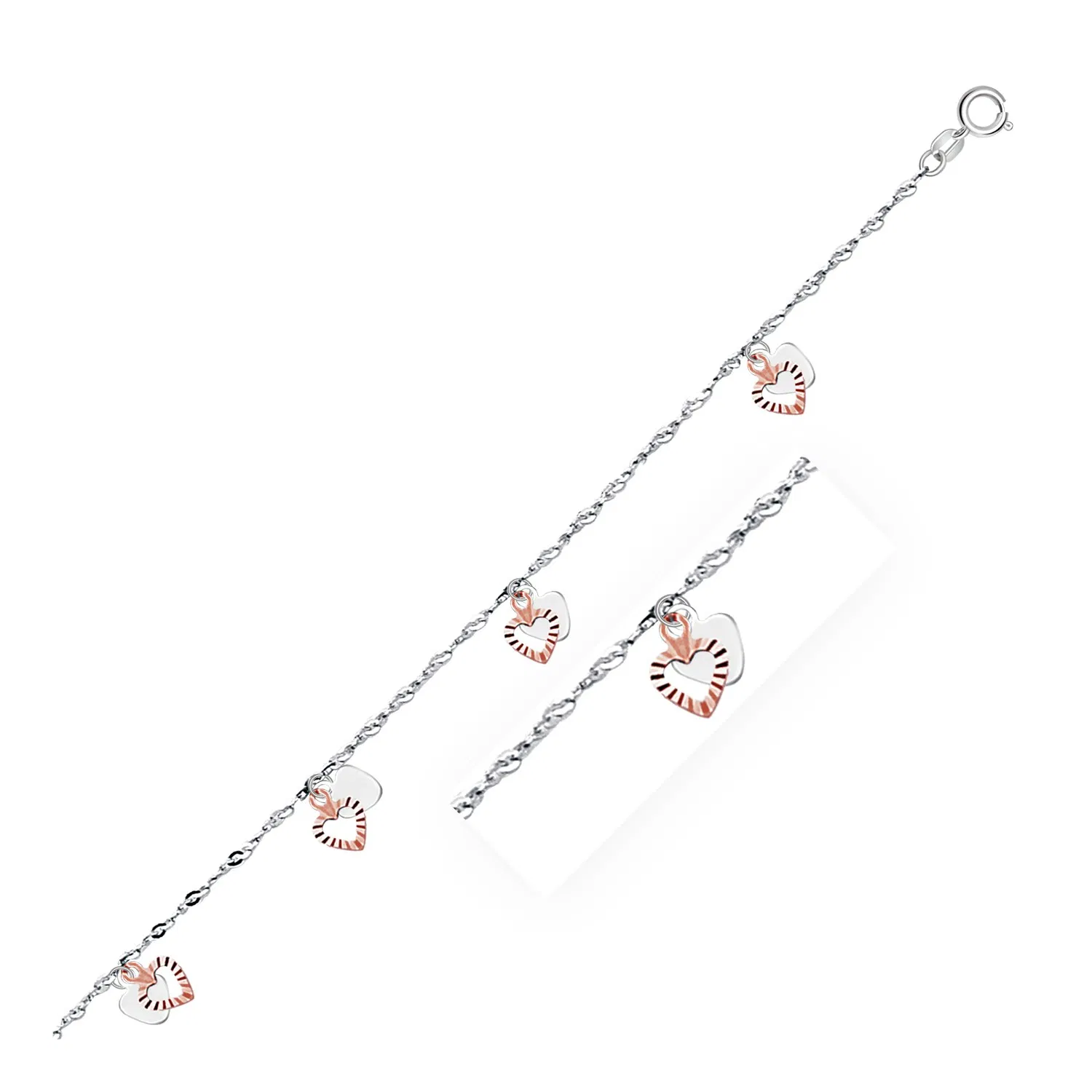 14 Karat Weiß - und Rosegold-Ankleine mit Dual-Herz - Charms
