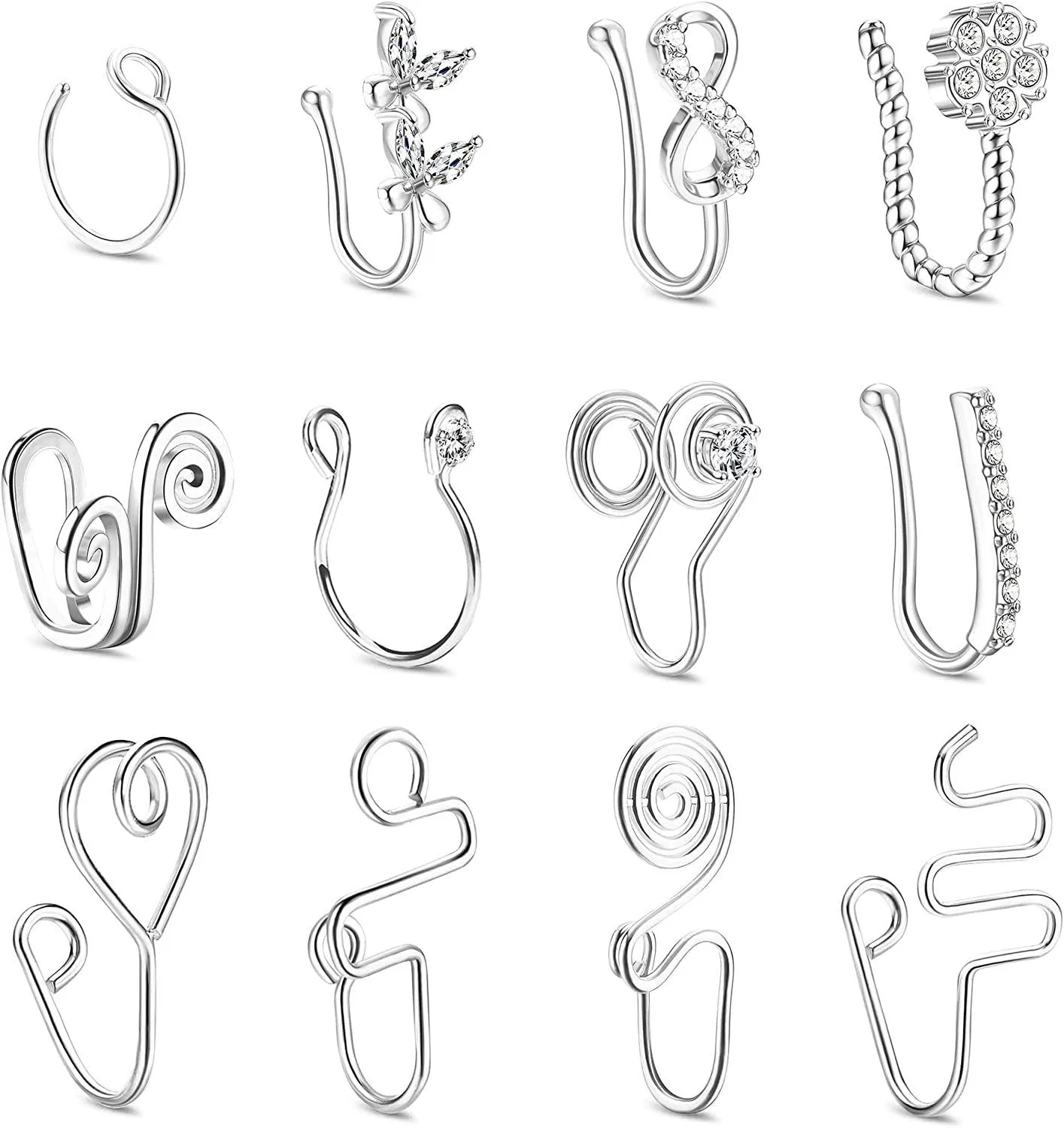12pcs African Nose Cuff Non Piercing; 14k Gold Plated Fake Nose Rings Hoop; Clip On Nose Ring für Frauen Männer; Nasenring Cuffs Set; CZ Butterfly InfinityFake Nose Cuff Hypoallergen