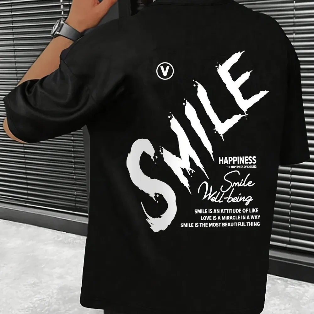 Graffiti SMILE Letter Print Männer modische tägliche kurze Ärmel runden Hals T-Shirt, Sommer Outdoor