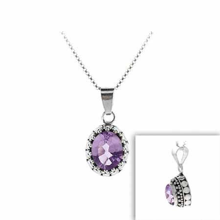 Sterling Silber Echt Amethyst Stein Bali Perlen Oval Anhänger