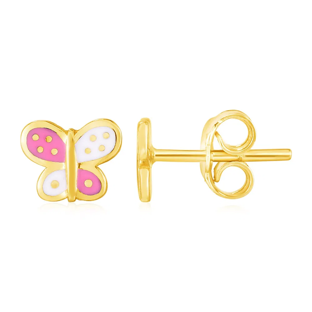 14 Karat Gelbgold und Email Pink und White Butterfly Stud Ohrringe