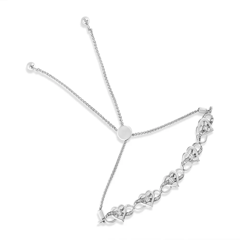 .925 Sterling Silver Miracle Set Diamant Accented Infinity Hearts 6'- 9' Verstellbares Bolo Armband (H-I Farbe, I2 - I3 Klarheit)