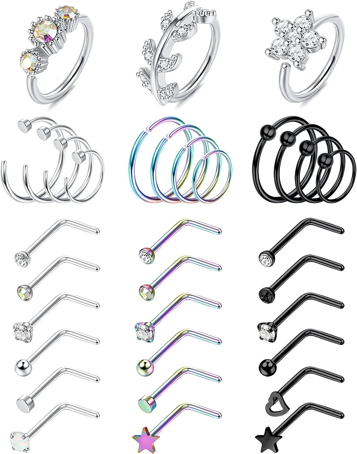 33Pcs 20G Hoop Nose Rings Studs für Frauen Männer 316L Edelstahl Nasen Ringe Set L-Form Nasen Piercing Studs