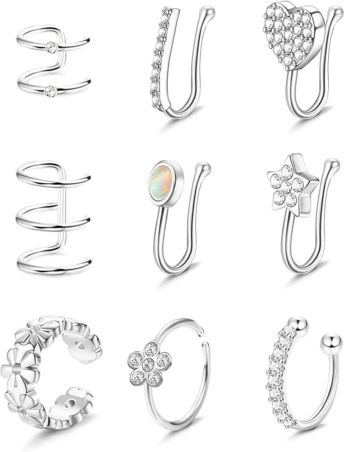 9Pcs Falsche Nase Ringe Nicht-Piercing Nasen Manschetten Clip auf Nasenring Faux Nasen Nasenloch Piercing Ohr Manschetten Lippenring für Frauen