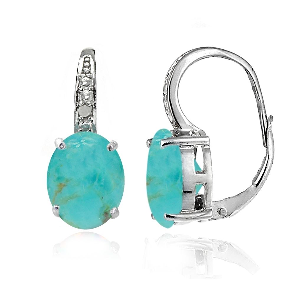 Sterling Silber Simulierte Türkis Opal & Diamant Oval Leverback Ohrringe
