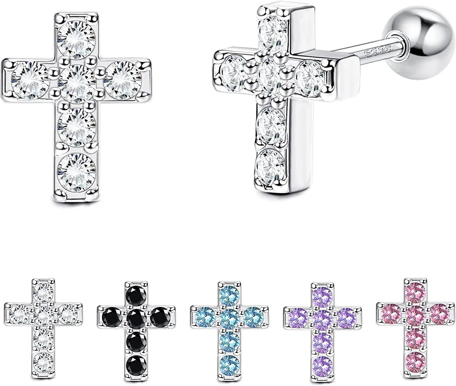 925 Sterling Silber Cubic Zirkonia kleine Kreuz-Stuft - Ohrringe mit Schraubenrückschloss für Kleinkinder Mädchen - hypoallergene winzige süße Stud-Ohrringe Christian für Frauen