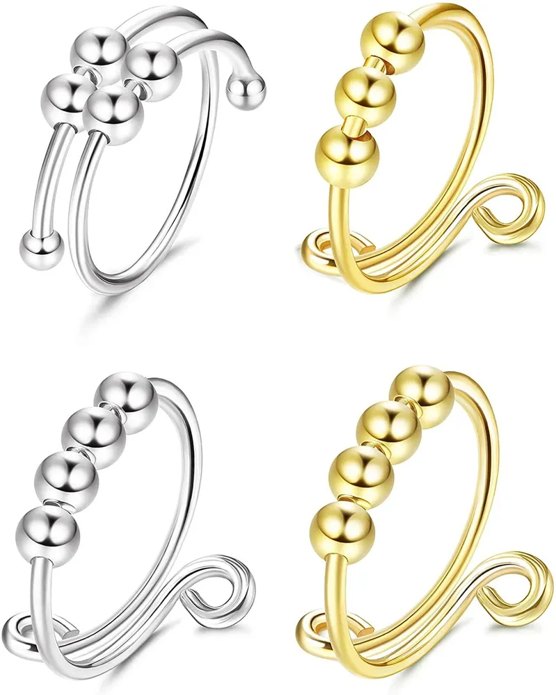 Angst Ring Spinner Fidget Ring verstellbare Spiral Perlen Offener Finger Ring Doppelschicht Stress Reliever Ring Drehen Sie sich frei Angst Ringe für Frauen und Mädchen 4PCS