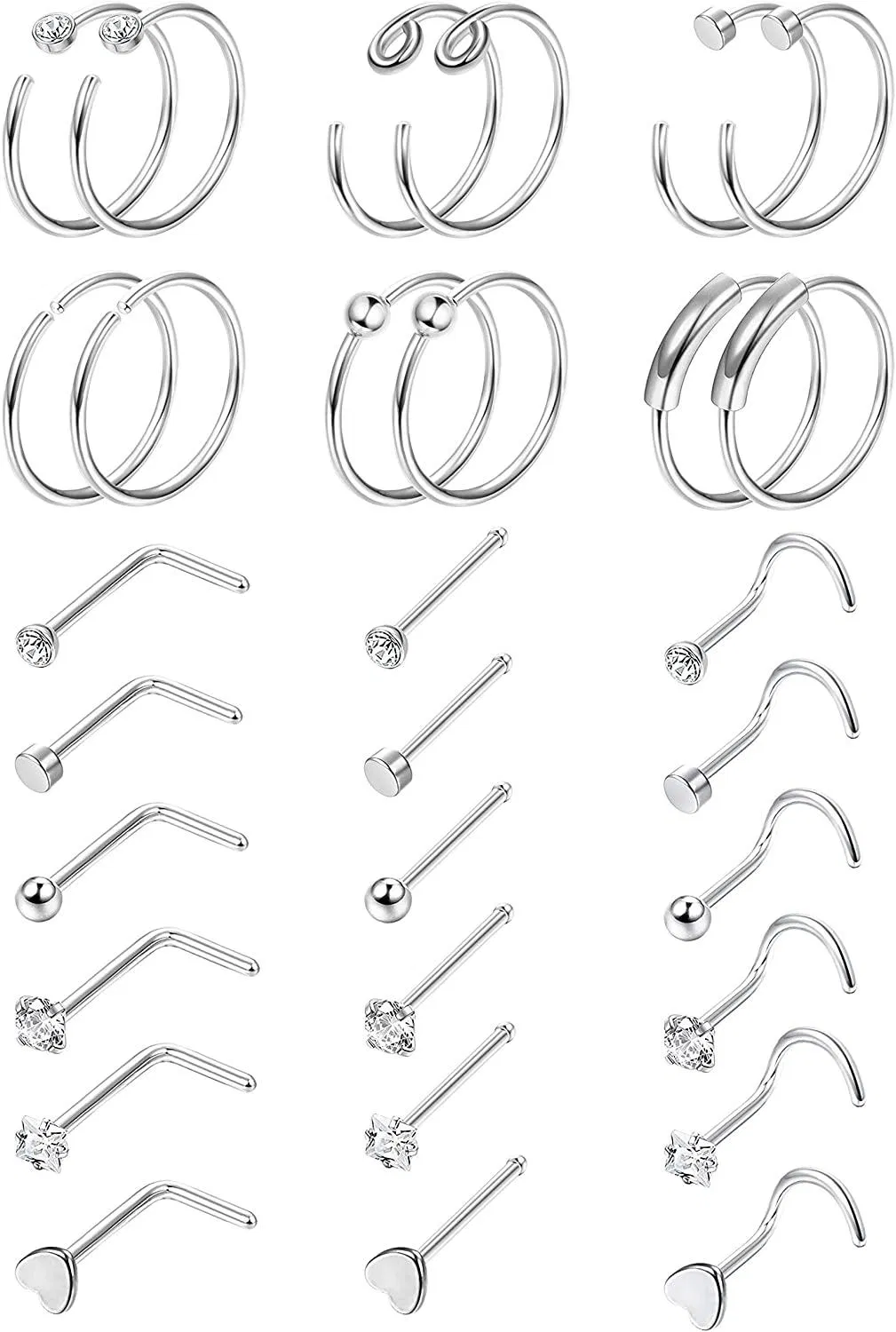 30Pcs 20G Edelstahl Nasenringe Schleife L-förmige Nasenringe Studs Schraube Tragus Knorpel Helix Ringe Lippen Septum Piercing Schmuck Set für Frauen Männer