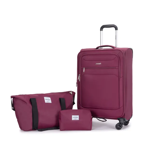 3-Stückset (18 / Travelbag / Toilettentasche), Softshell Koffer Spinner Räder Terylen Polyester Gepäck Sets Tragen auf Koffer Gepäck Leichtgewicht Langlebiger Koffer WEIN RED