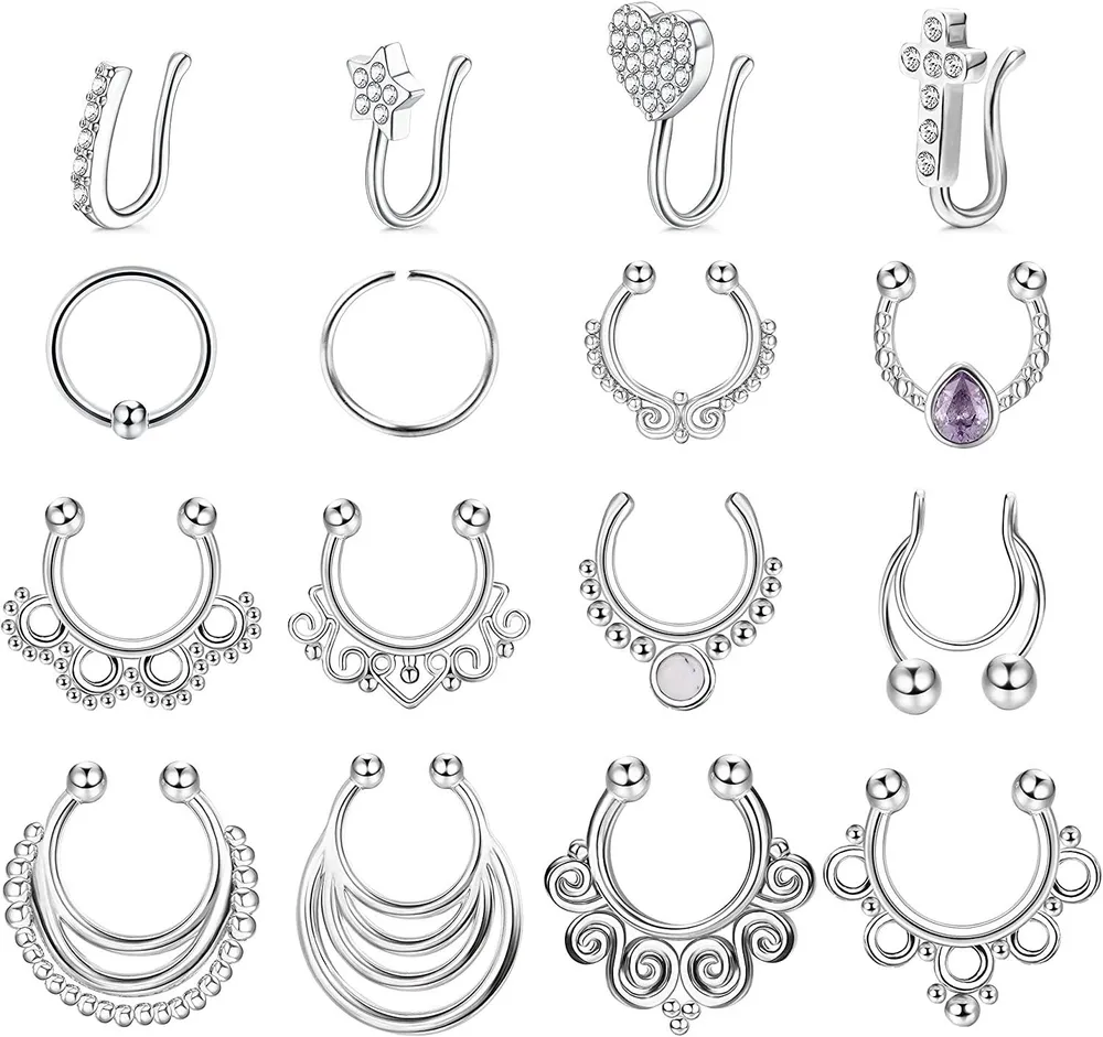 16Pcs 16G Edelstahl Falsche Nase Ringe für Frauen Septum Ring Faux Lippe Ohr Nase Non-Piercing Clip On Hoop Body Piercing Schmuck