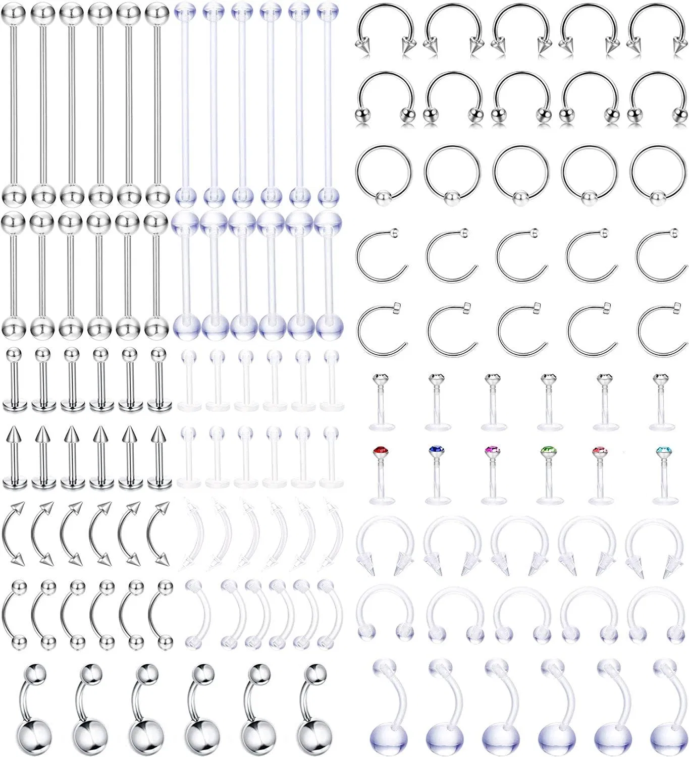 131Pcs Körper Piercing Edelstahl Nasen Ringe Lippen Zunge Studs Augenbrauen Tragus Barbell Septum Ring Piercing Kit Bauch Knopf Ringe Körper 14G - 20G