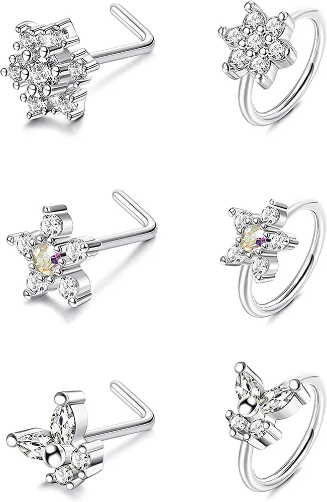 6pcs 20G Blume Nasenringe L-geformte Nasenringe Nasenhoop Piercing Ring Schneeflocken Nasen-Stamm Nasen-Hoop - Ringe Schmetterling CZ-Hoop - Nasen-Stamm für Frauen Männer