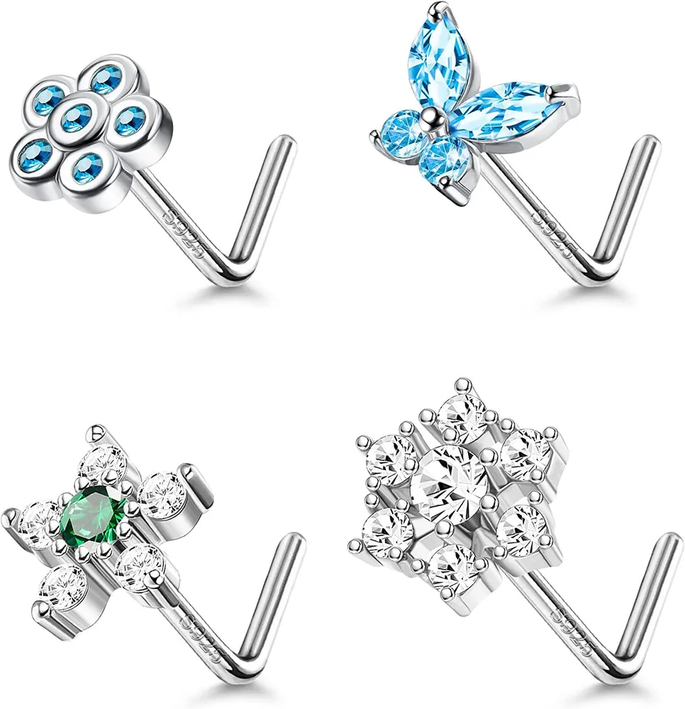 4pcs 20G Sterling Silber Nasen Ringe Sticks Knochen L-Form Nasen Sticks für Frauen Männer Kubik Zirkon Eingezogen Blumen Schmetterling Schneeflocken Nasen Piercing 7MM