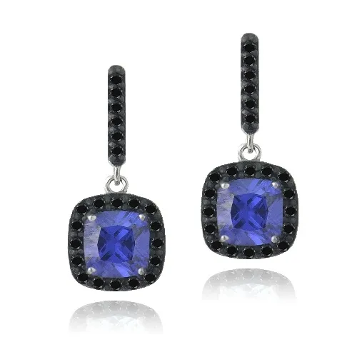 Sterling Silber 3,2ct simulierte Tanzanit & Schwarz Spinel Quadrat Dangle Ohrringe