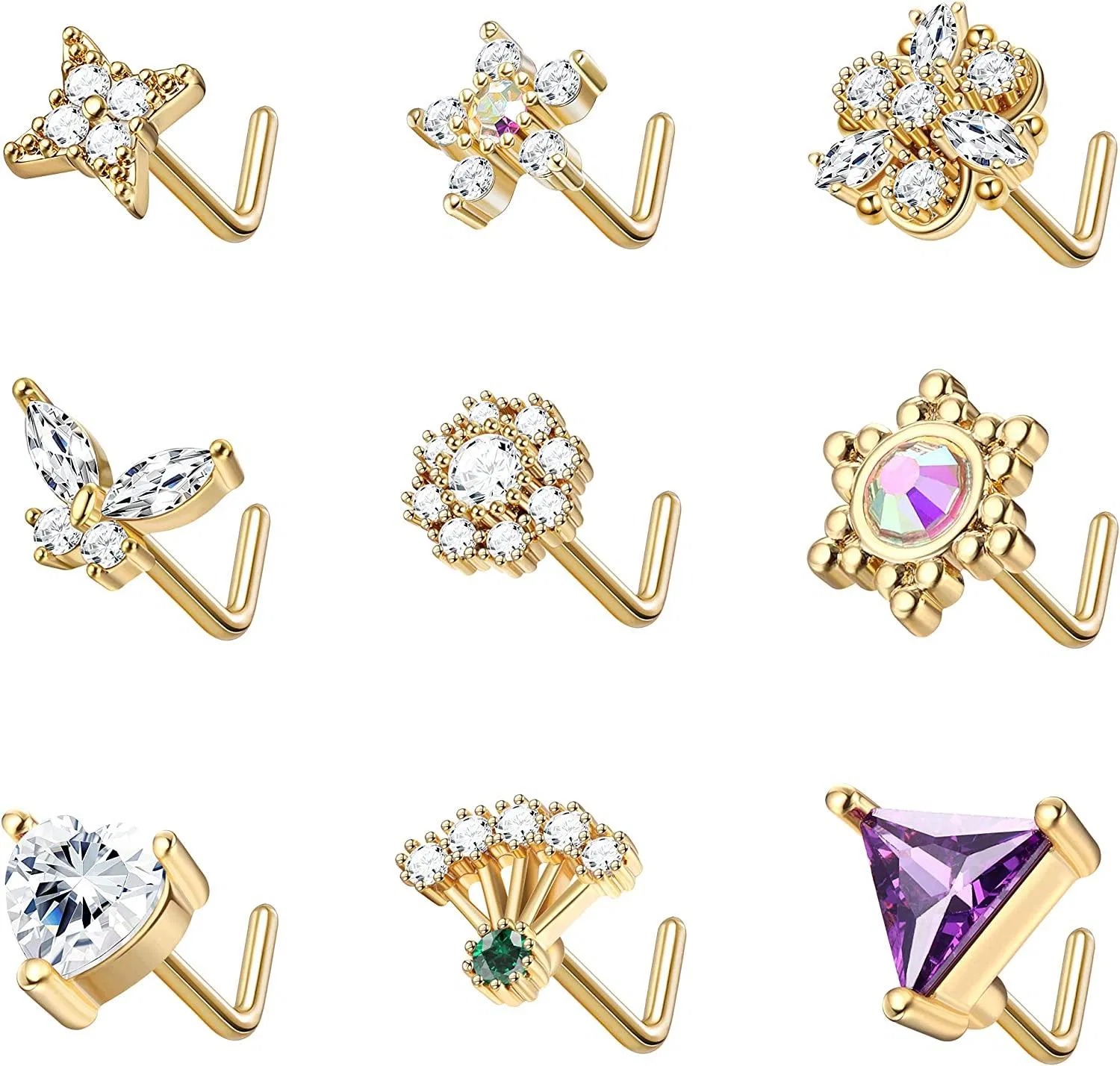 9pcs 20G Nasenringe Stud L-Form Edelstahl Nasen Stud Schmetterlings-Herz - Blume Nasen Piercing für Frauen Männer