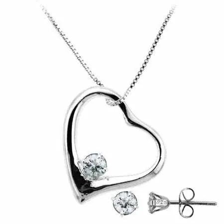 Sterling Silber CZ Open Heart Anhänger & Stud Ohrringe Set