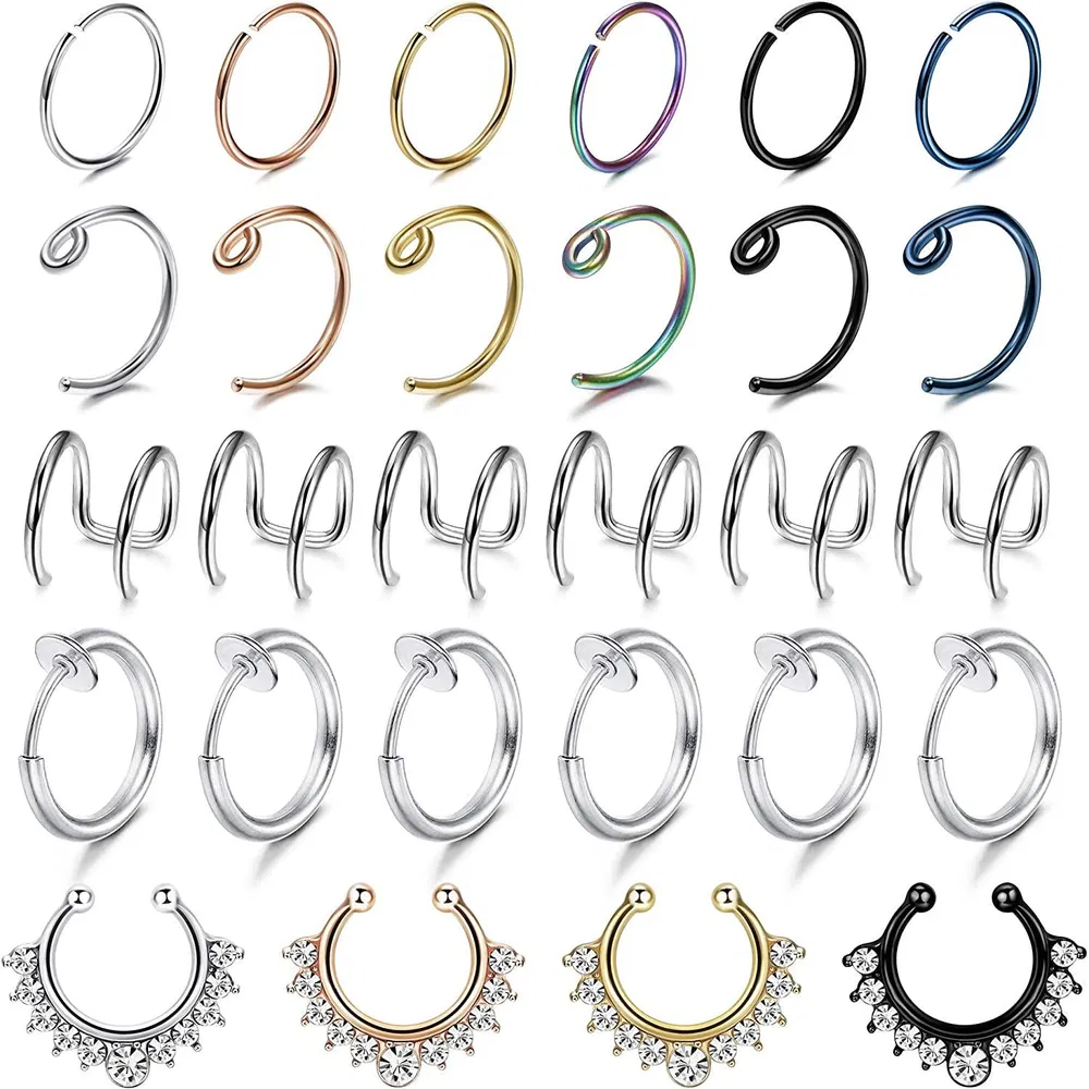 28Pcs 20G Edelstahl Fake Septum Ring Nasenhoop Ring Faux Lippe Ohr Non-Pierced Clip Auf Piercing Schmuck