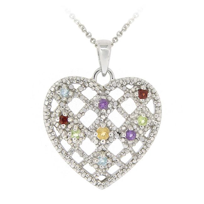 Silber Multi Edelsteinen & Diamanten Akzent Webmuster Herz Anhänger