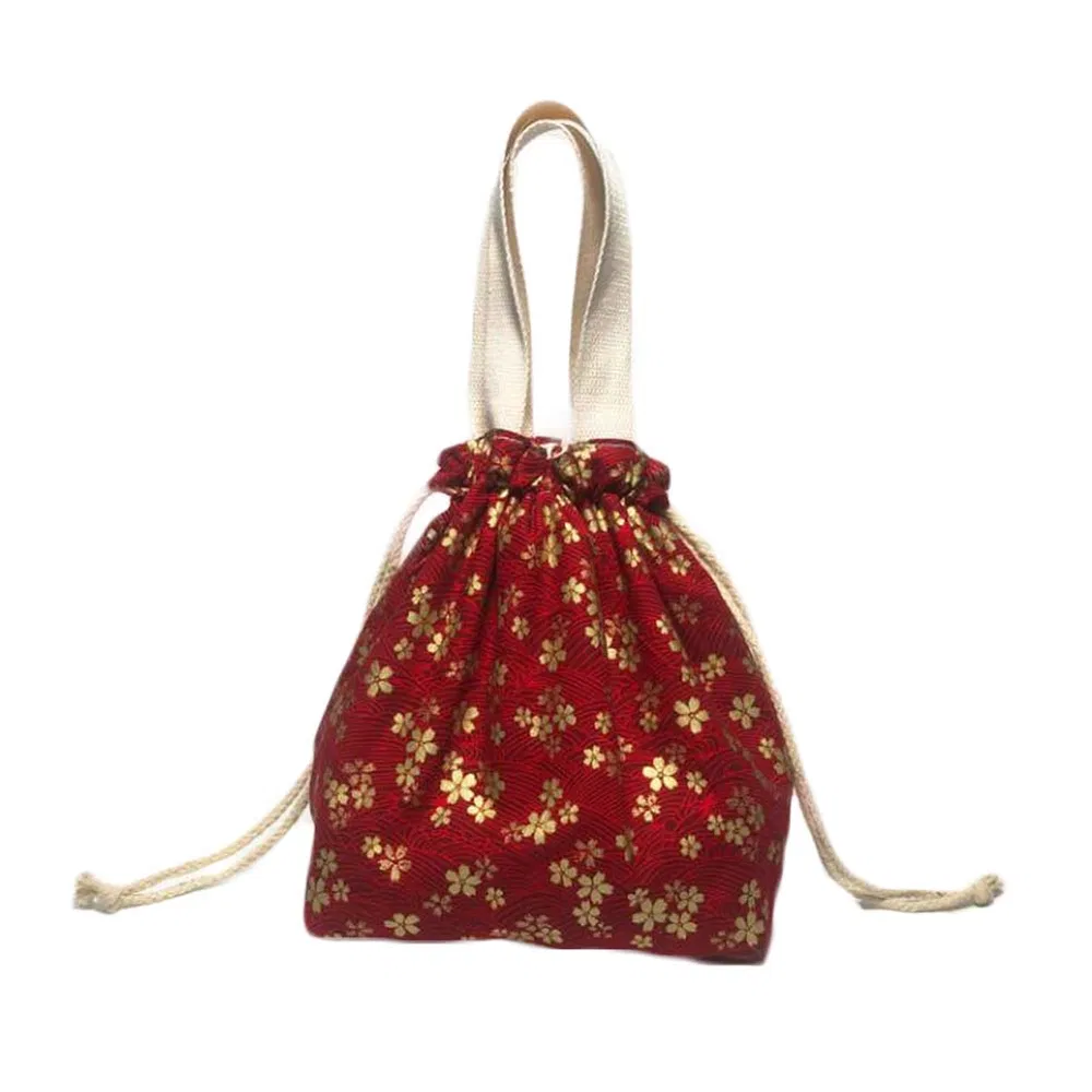 Japanischer Stil süße Mittagessen-Box Bento Tasche Rot Gold Blumen Zeichnung Leinwand Mittagessen Tasche große Kapazität Mittagessen Tote Tasche