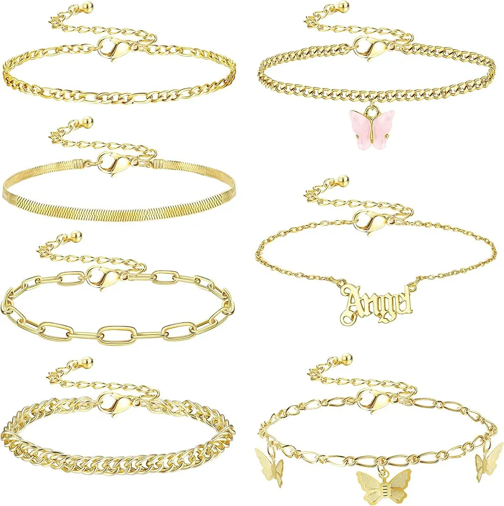 Gold Knöchel Armbänder Set für Frauen; 7PCS Boho Butterfly Beach Anklets Flat Mariner Chain Leaves Rhinestone Tennis Anklets verstellbare Fuß Geschenke