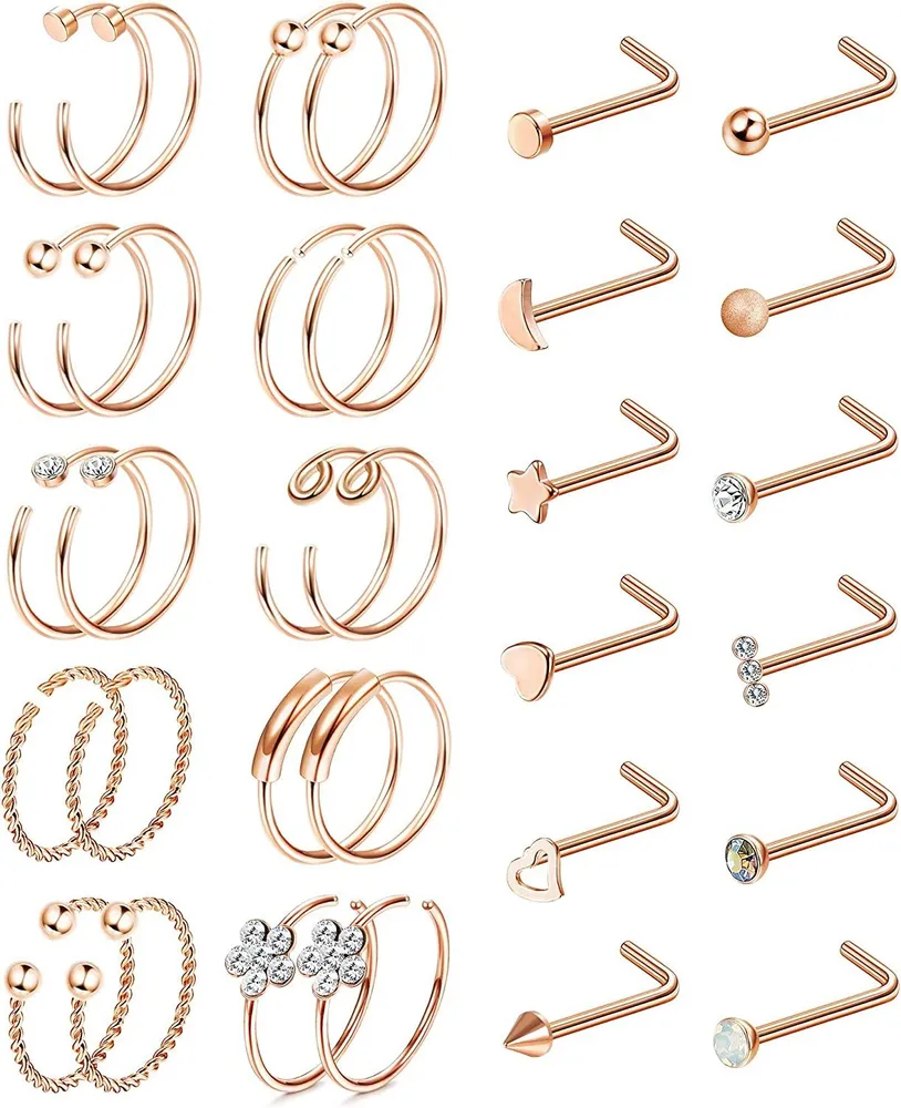 32PCS 316L Edelstahl 20G Nasenringe Schleife L-geformte Nasenstöcke CZ Tragus Knorpel Ohrringe Labret Stud Nasen Piercing für Frauen Männer