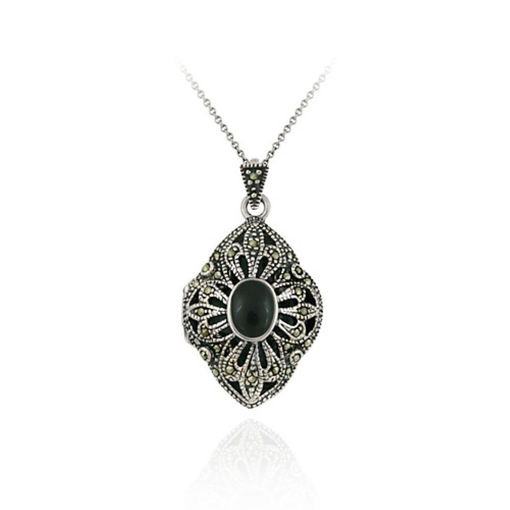 Sterling Silber Echt Onyx & Marcasit Diamant Shape Locket