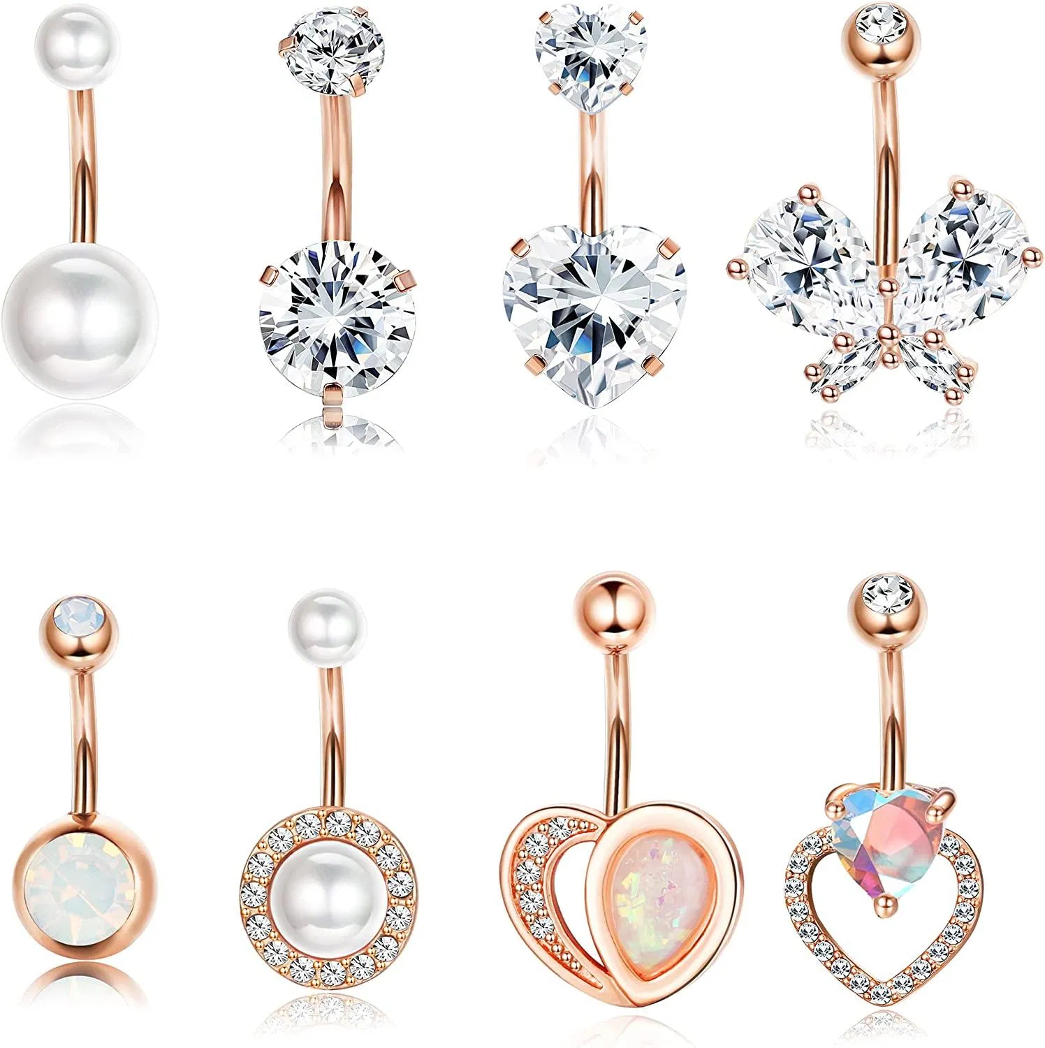 8pcs Bauchknopfring 316L Edelstahl Bauchringe CZ Opal Perle für Frauen Schmetterling Herz Nabel Piercing Schmuck 14G