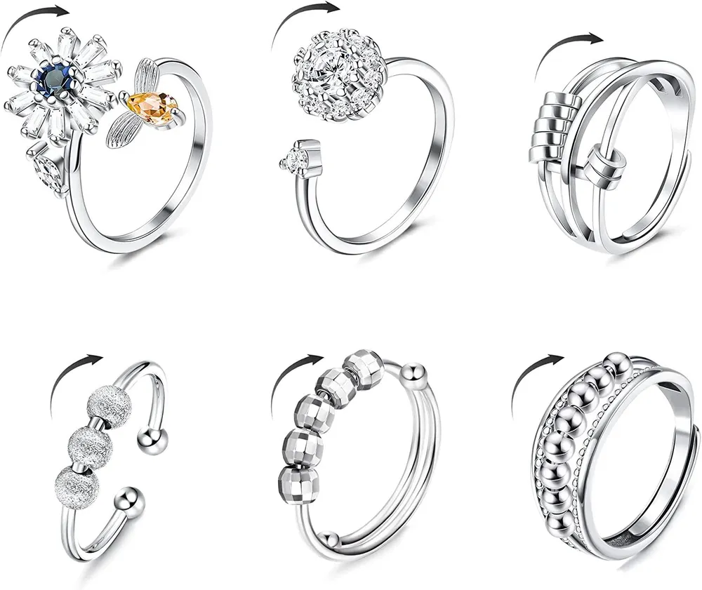6 Stück Fidget Angst Ringe für Frauen Einstellbare offene Ring Set Spinner Fidget Ringe für Angst Blume Biene Kubik Zirkonia Perle Stress Sorgen Ringe