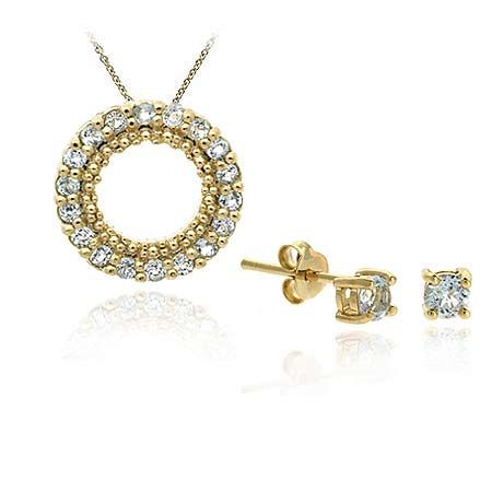 18 Karat Gold / Sterling Silber Blau Topaz Anhänger Ohrringe Set