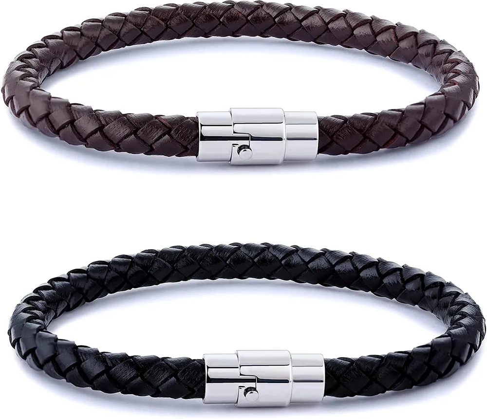 2PCS Edelstahl geflochtes Lederarmband für Männer Frauen Handgelenk Cuff Armband 7,5 - 8,5 Zoll