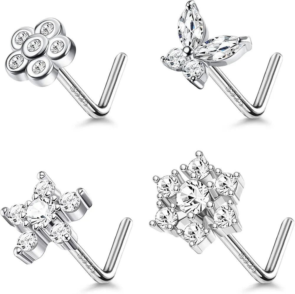 4pcs 20G Sterling Silber Nasen Ringe Sticks Knochen L-Form Nasen Sticks für Frauen Männer Kubik Zirkon Eingezogen Blumen Schmetterling Schneeflocken Nasen Piercing 7MM