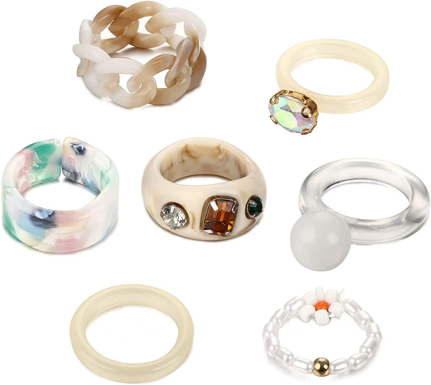 7PCS Harz Acrylic Ring Set für Frauen Mode Retro Crystal Quadrat Farbenfrohe Ringe Natürliche Perlen Retro Candy Ringe Inlaid Rhinestone Geschenk Größe 7