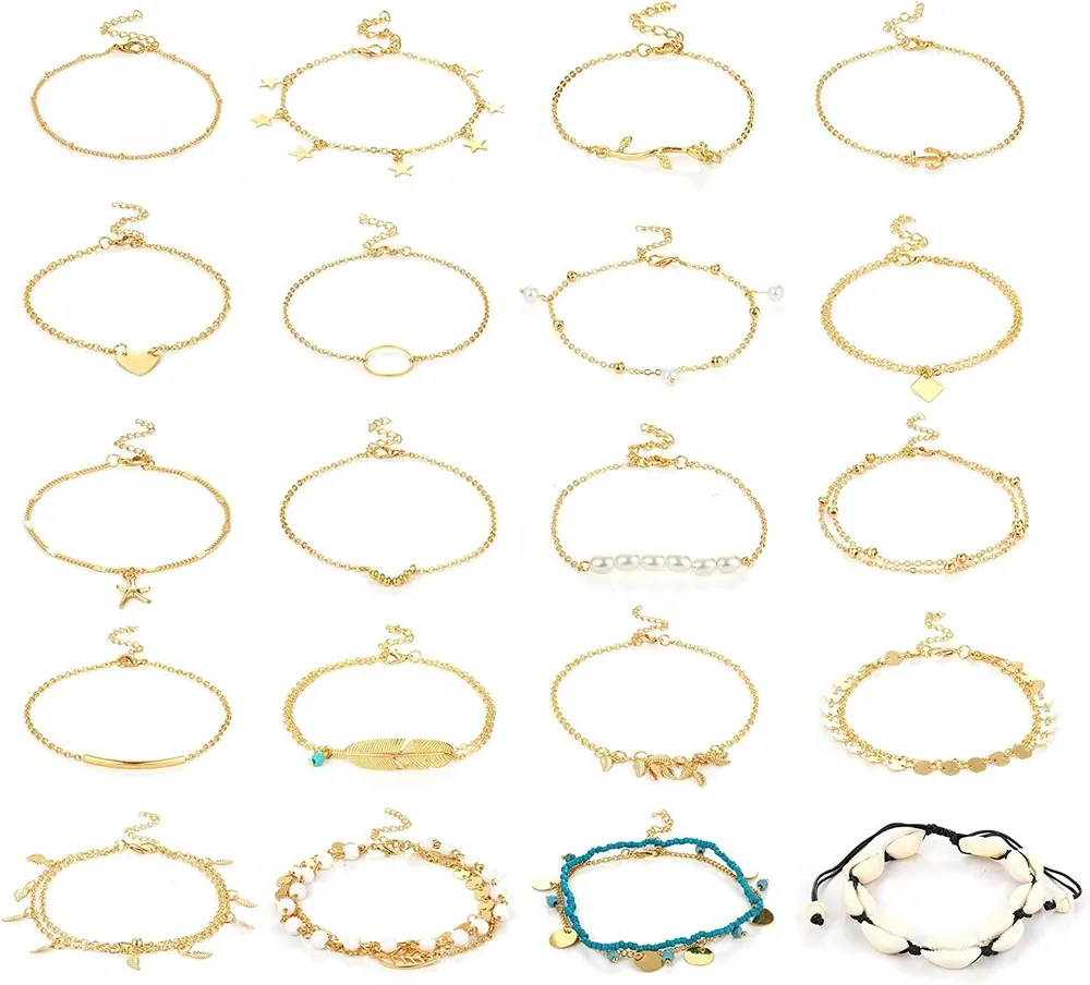 20PCS Knöchel-Armband für Frauen Teen Girls Hawaii Herz Bar Blatt Feder Perl-Stern Sequin Seestern Schichted Silber Gold Plated Ketten Ankleber Set Sexy Shell Beach Fuß-Armband Schmuck